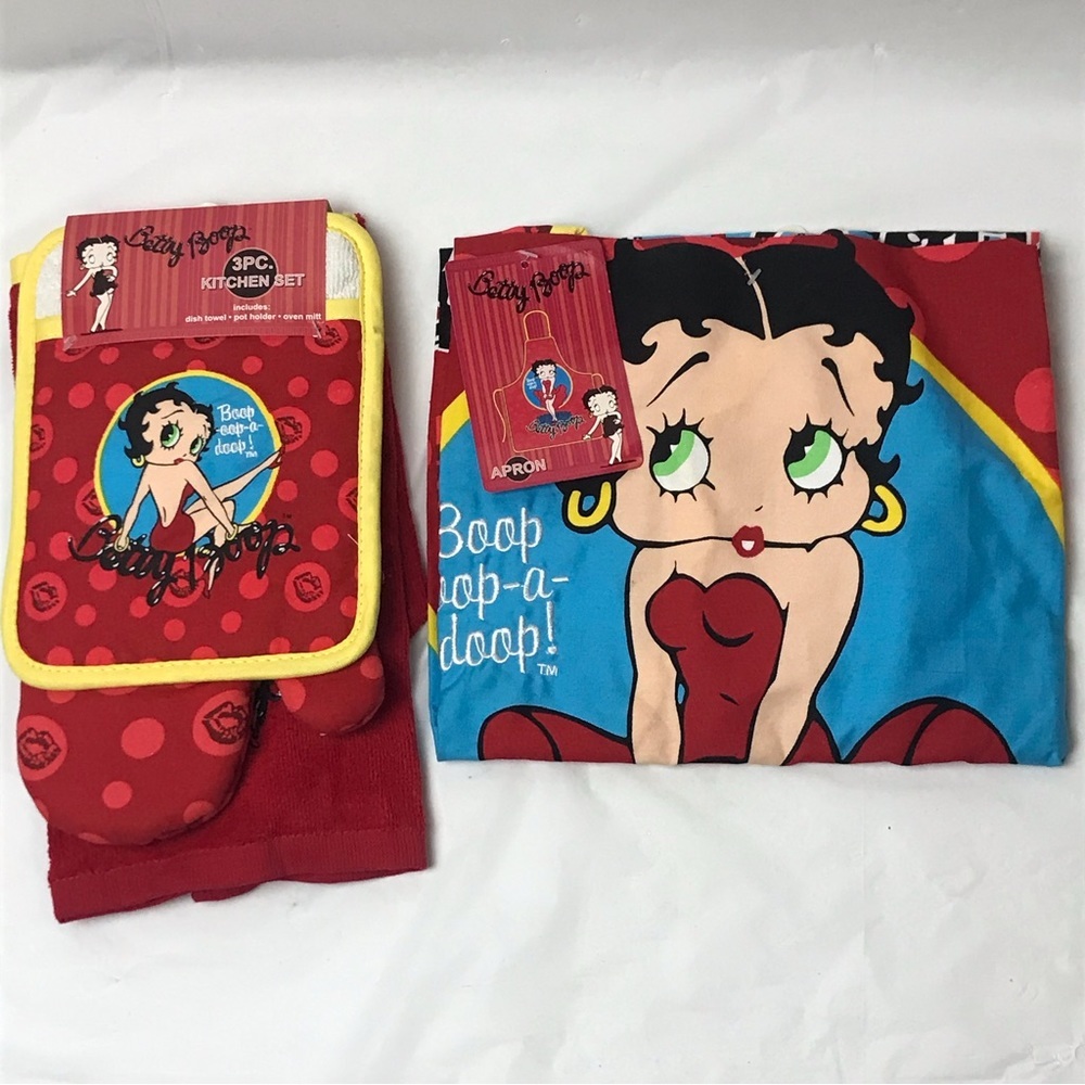 Betty Boop 3pc Kitchen Oven Mitts Towel + Apron Jay Franco 2006 NEW